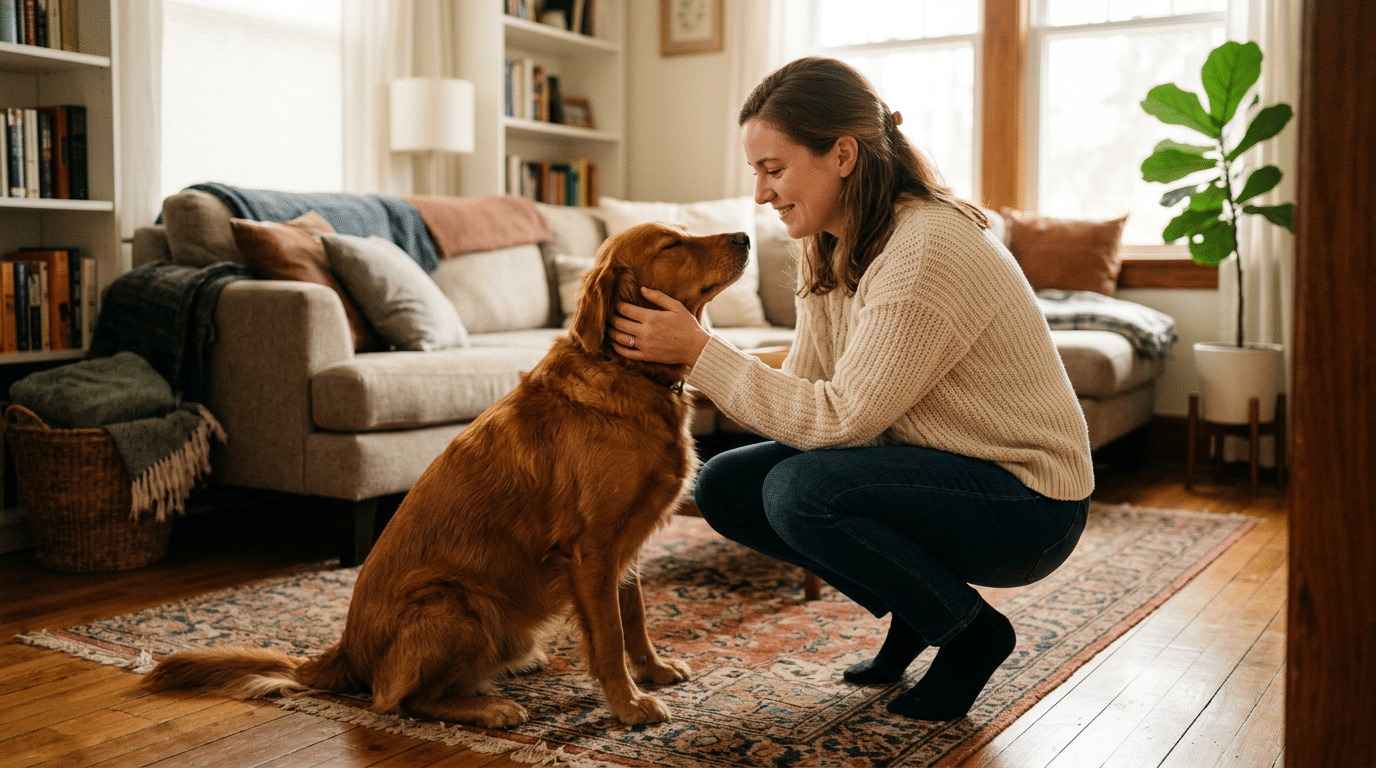 Person crouching down to gently reconnect with their dog after a rough moment