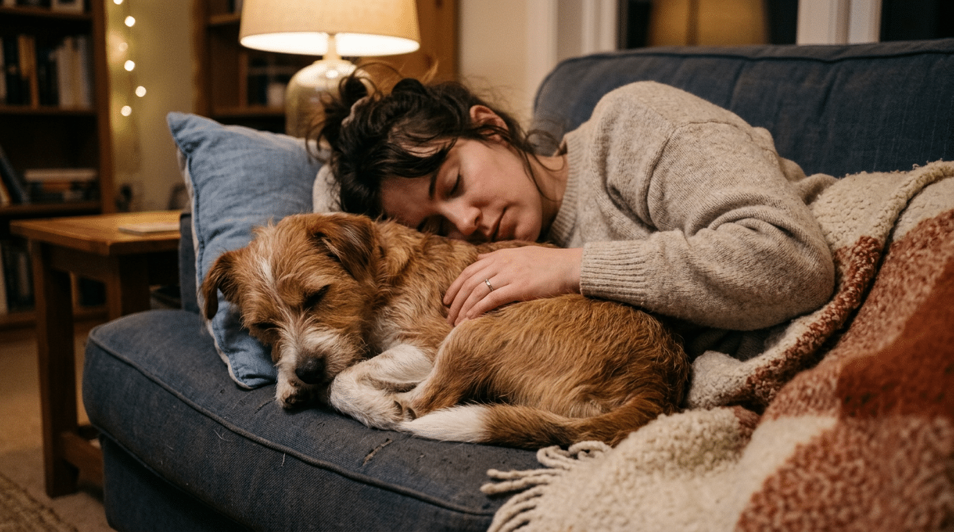Dog sleeping peacefully next to owner, showing complete trust and forgiveness
