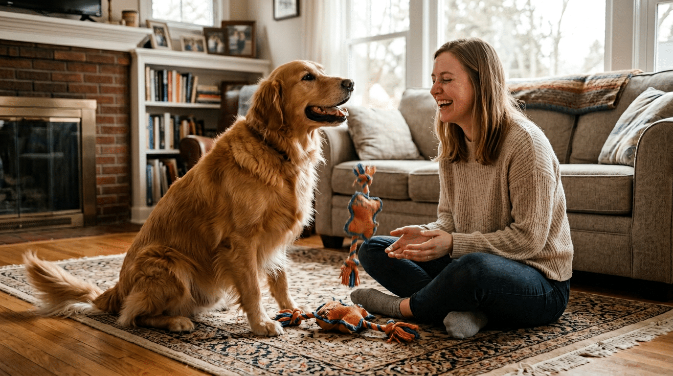 Golden retriever bringing a toy to owner as a sign of forgiveness