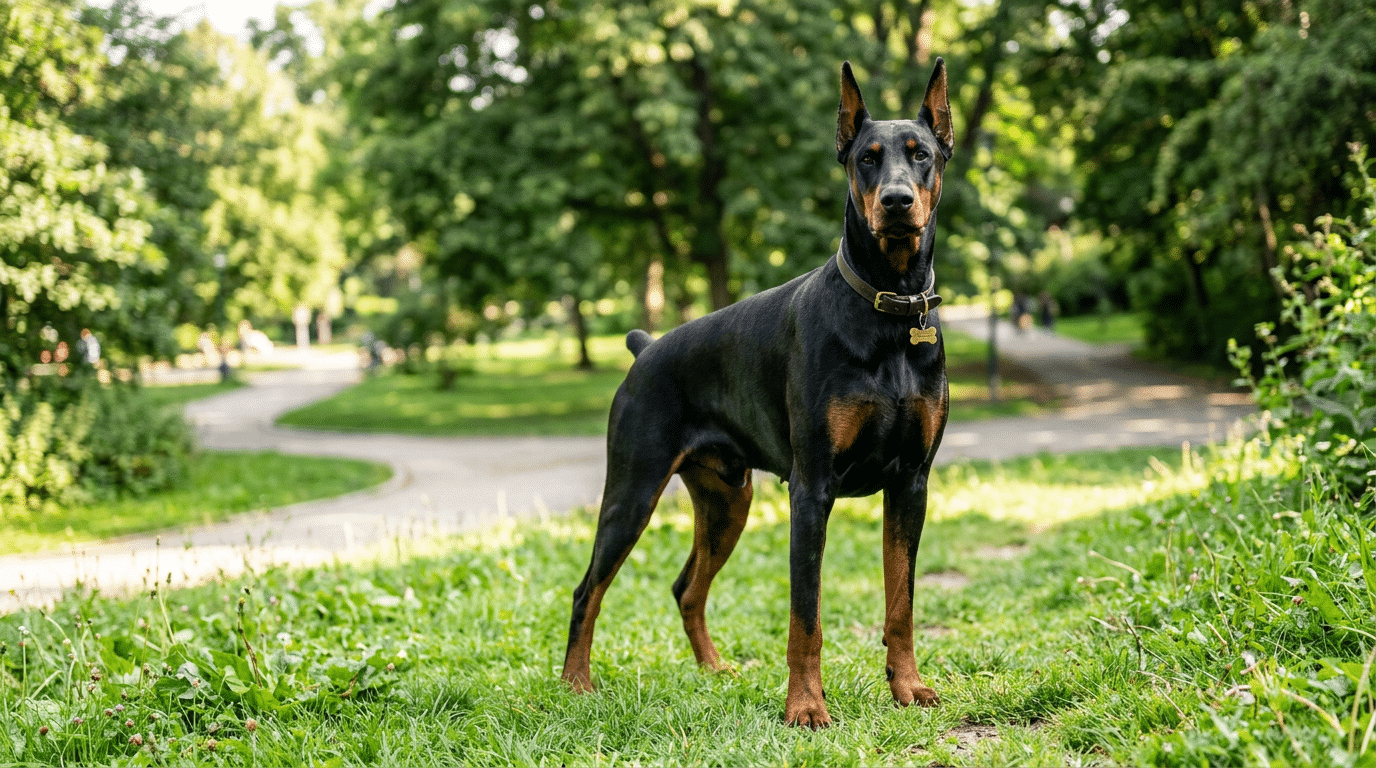 Healthy adult Doberman standing in a park showing ideal body weight and muscular build
