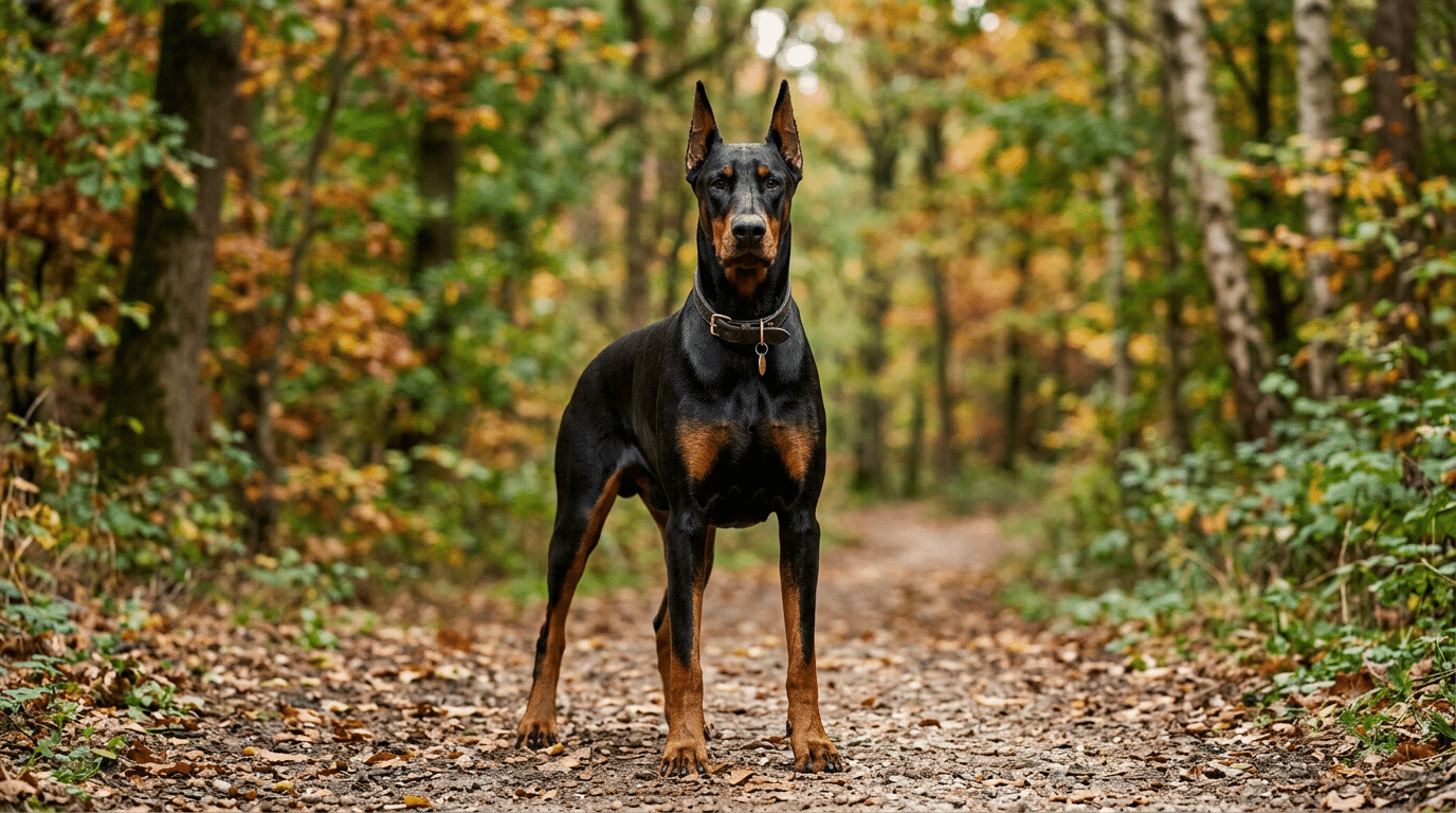 Doberman Pinscher dog standing alert outdoors - one of the most abandoned dog breeds in US shelters
