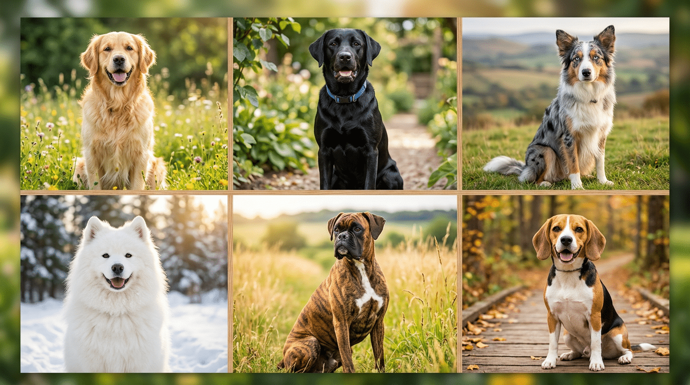 Colorful dog breeds showing diverse coat colors including golden retriever, black labrador, merle border collie, and brindle boxer