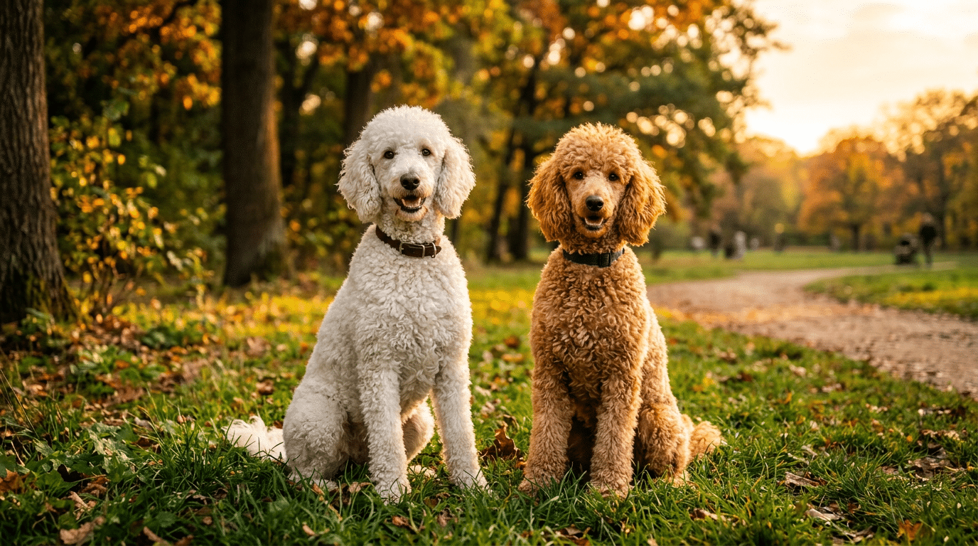 Two Poodle dogs sitting together in a park with curly coats