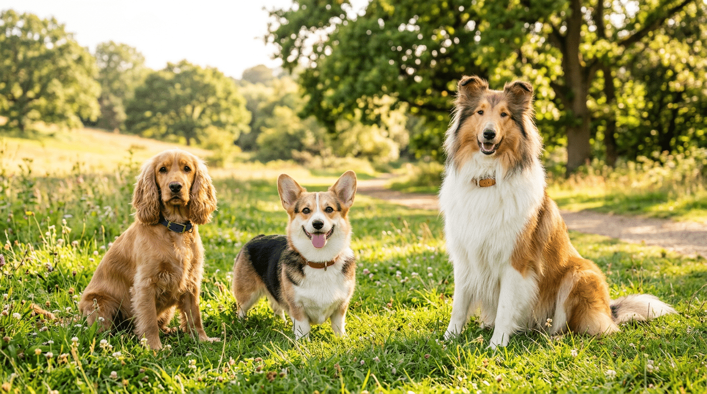 Dog breeds starting with C -- Cocker Spaniel and Corgi in outdoor setting