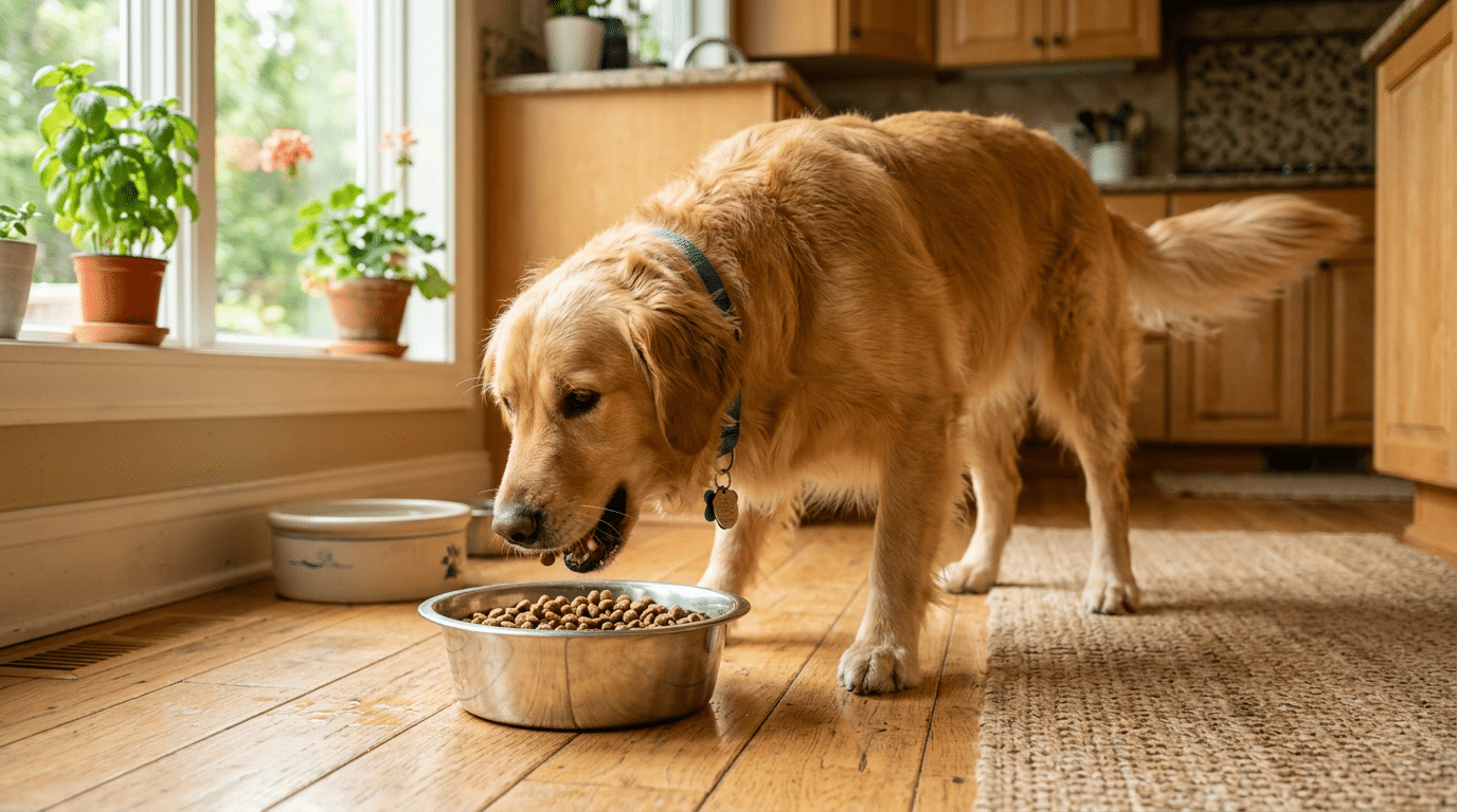 Dog happily eating from a bowl - choosing between Blue Buffalo and Diamond Naturals