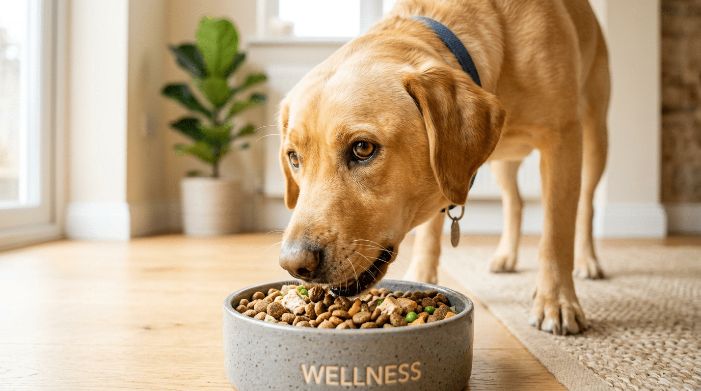 Happy Labrador dog eating from a premium dog food bowl