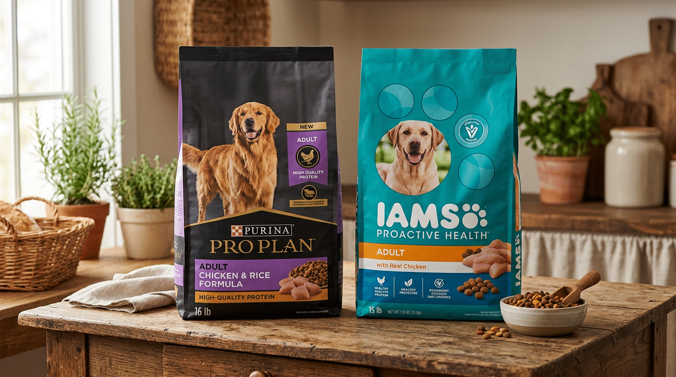 premium dog food bags comparison on wooden surface