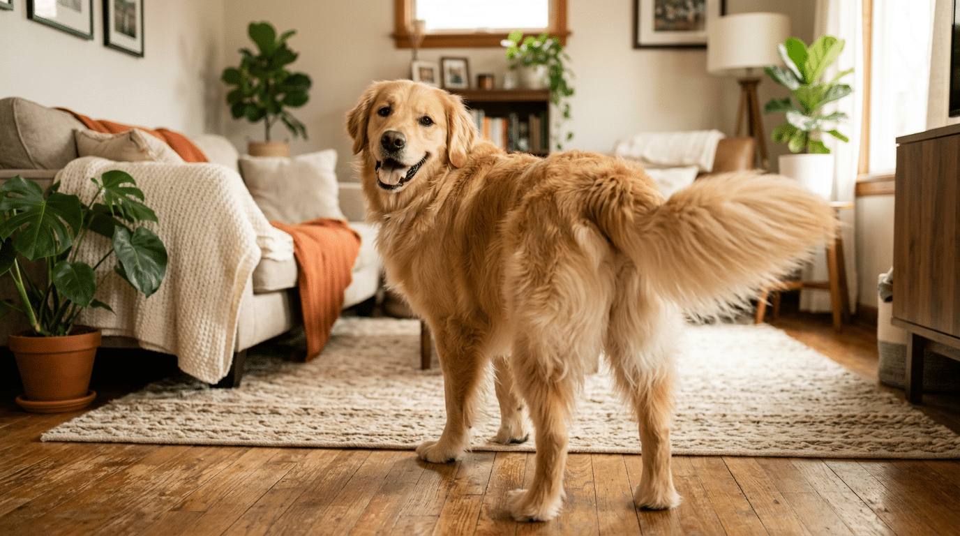 Dog turning its back toward owner showing trust and affection