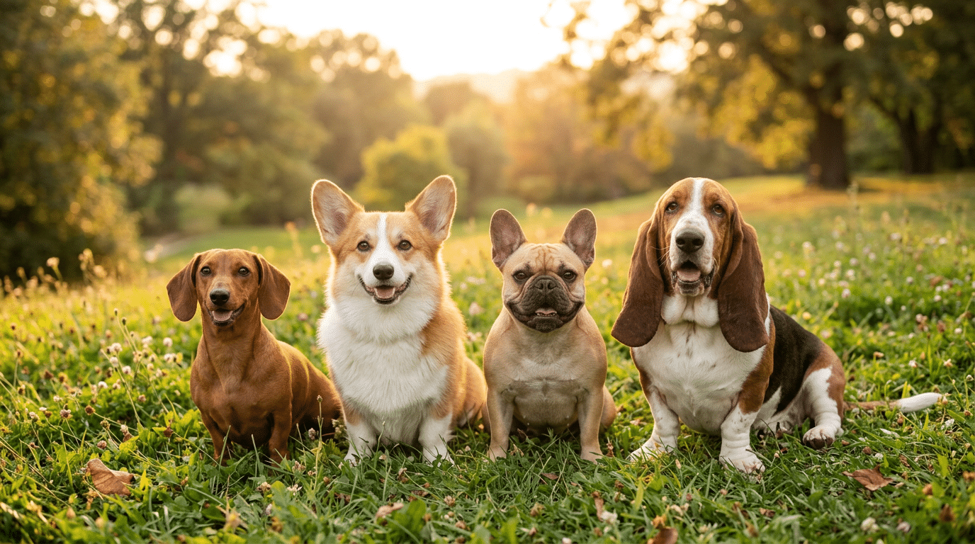 Group of dwarf dog breeds including Dachshund, Corgi, French Bulldog and Basset Hound