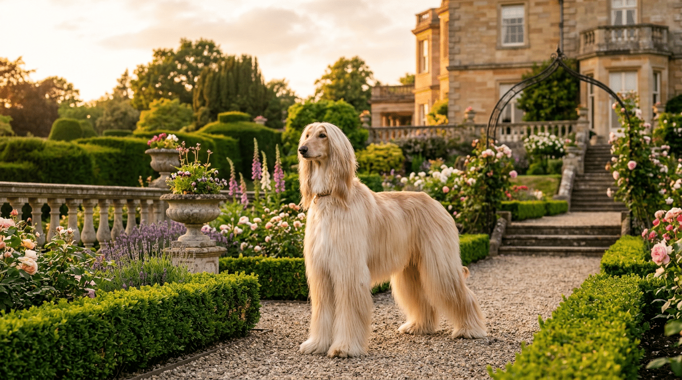 An elegant Afghan Hound dog standing proudly in a formal garden setting, long silky coat flowing, aristocratic pose