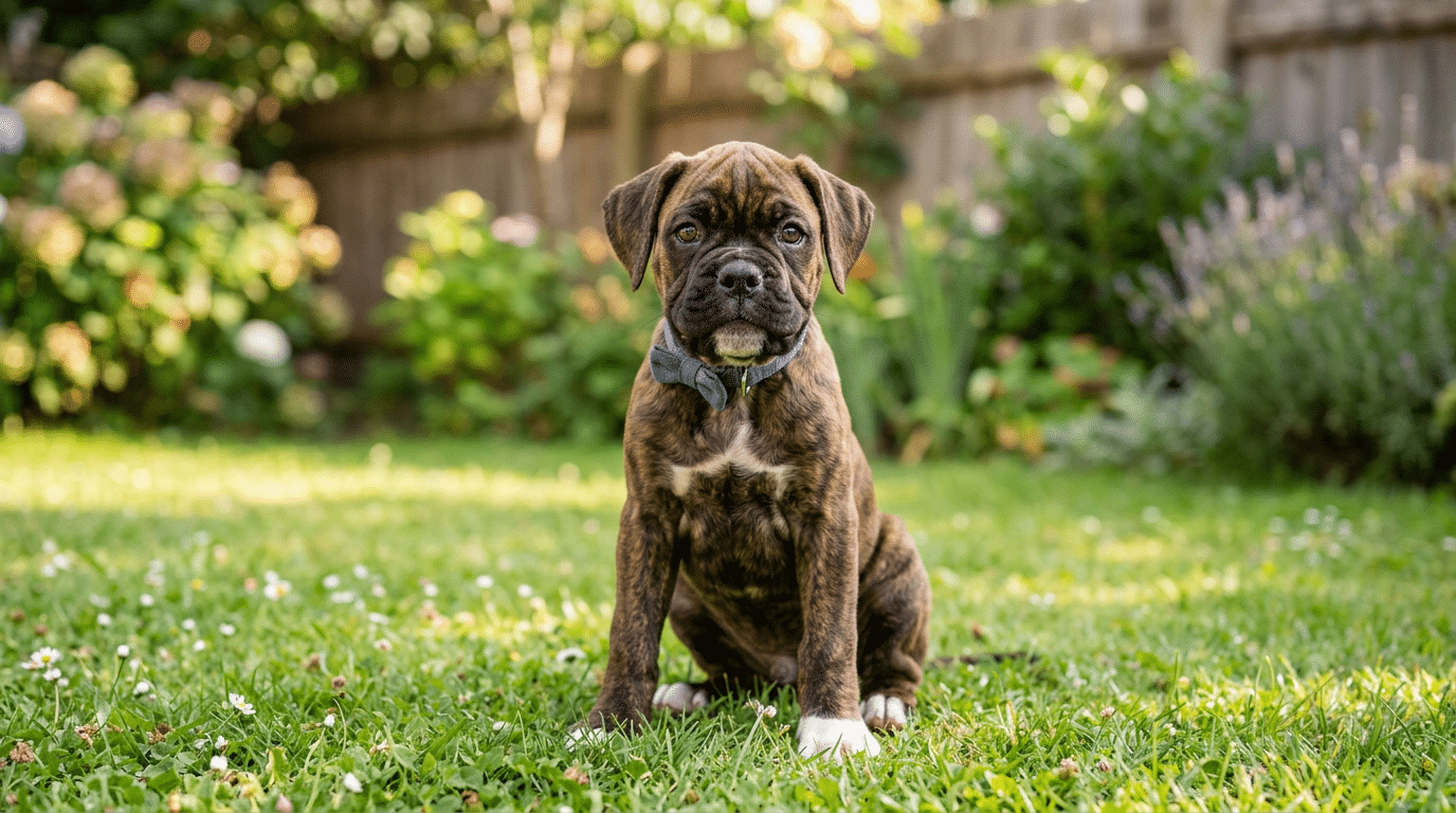 Female Boxer puppy sitting outdoors with bright eyes and brindle coat