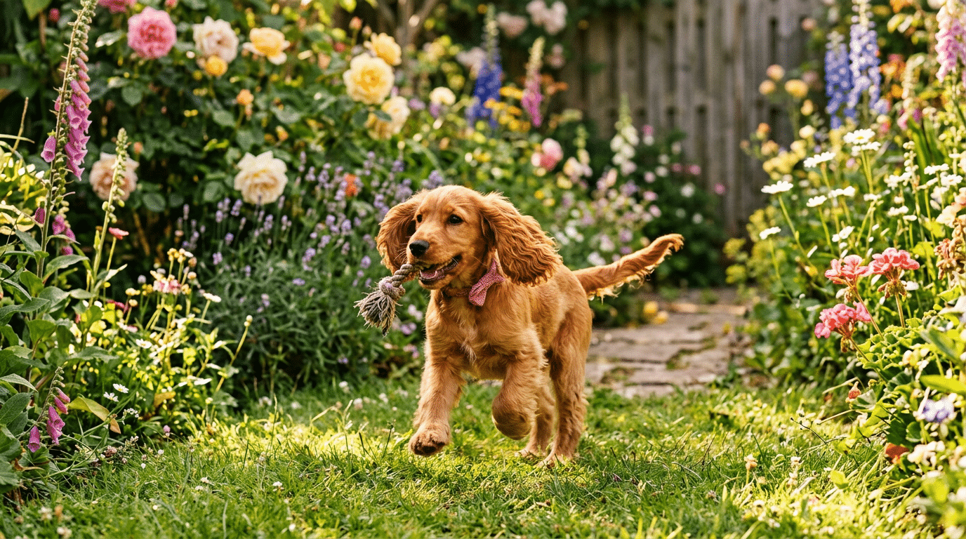 Female Cocker Spaniel puppy playing in a sunny garden