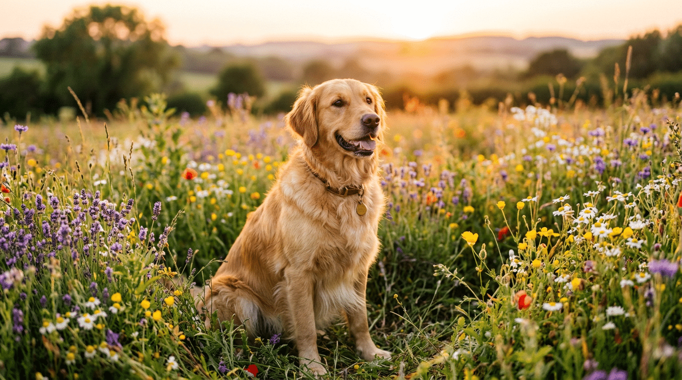 Female golden retriever sitting in a sunny wildflower meadow