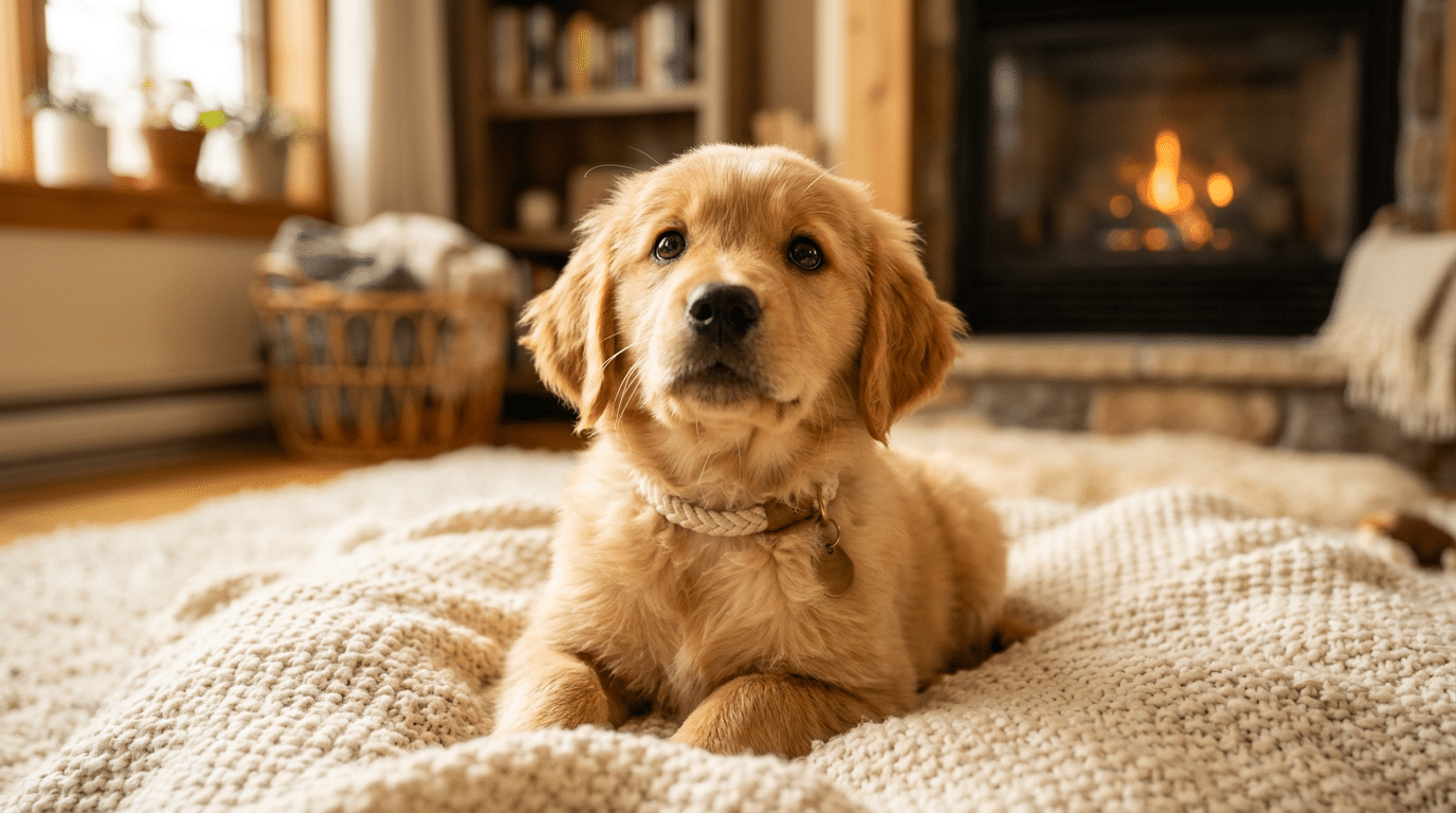 Adorable female golden retriever puppy with big brown eyes