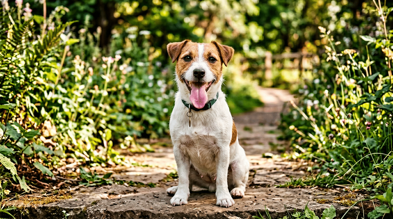 Female Jack Russell Terrier sitting outdoors with energetic expression