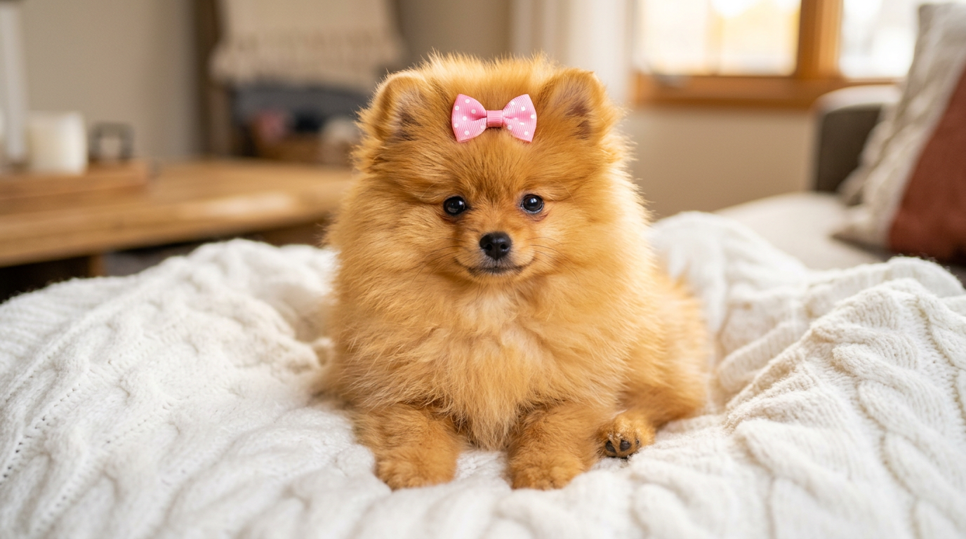 fluffy Pomeranian puppy with a pink bow, cute female pomeranian names inspiration