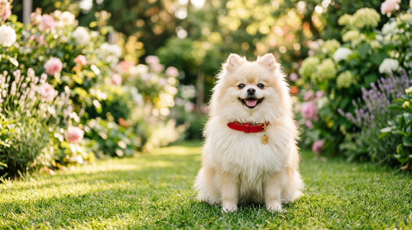 happy female Pomeranian sitting in a sunny garden with a red collar