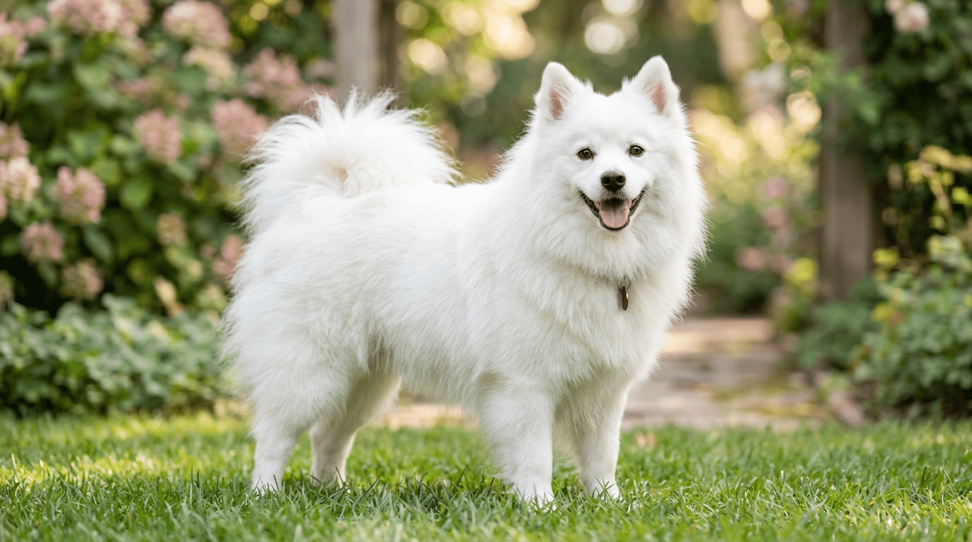 American Eskimo Dog with brilliant white fluffy coat, smiling and looking like a perfect stuffed animal.