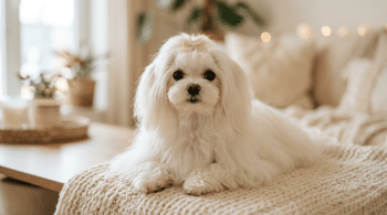 White Maltese dog with flowing silky coat, looks like a delicate living stuffed animal