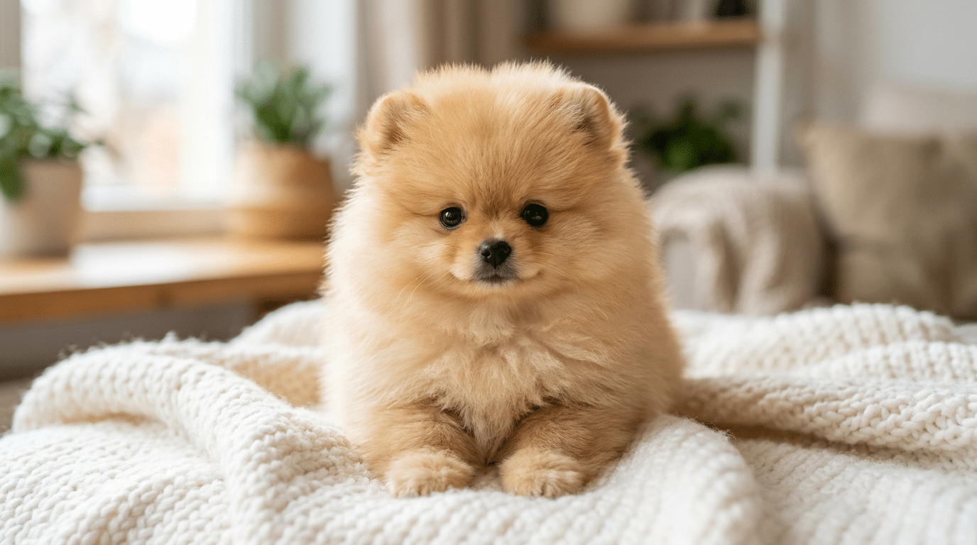Adorable fluffy Pomeranian puppy sitting on a white blanket, looking like a stuffed animal toy