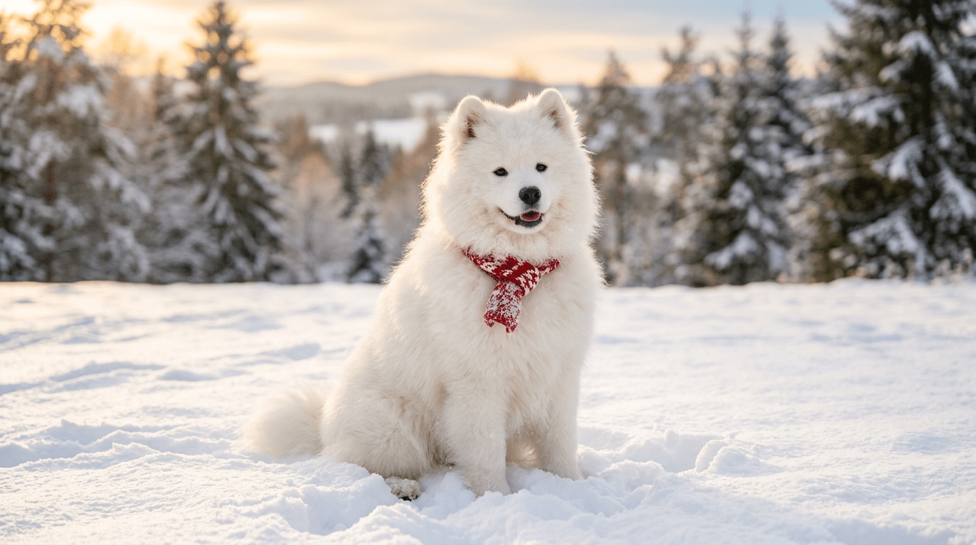 Fluffy Samoyed dog sitting in a snowy field, looking like a white stuffed animal