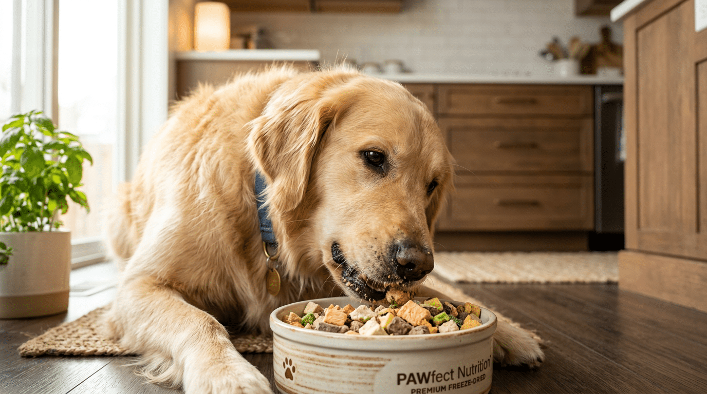 Dog happily eating freeze-dried dog food from a bowl