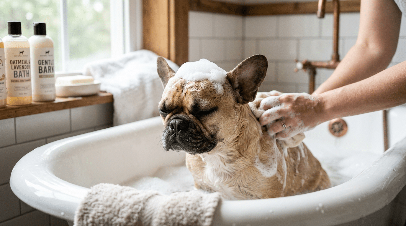 French Bulldog being bathed gently with soap lather and natural lighting