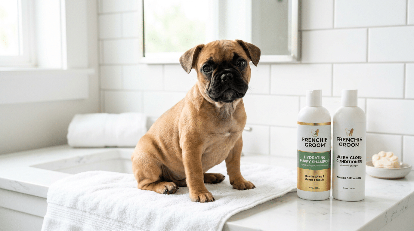 French Bulldog puppy sitting next to shampoo bottles with healthy shiny coat