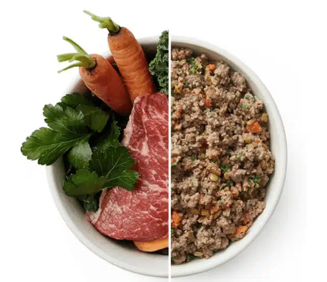 Split image of a bowl showing raw beef, carrots, and greens on one side and the finished cooked fresh dog food on the other.