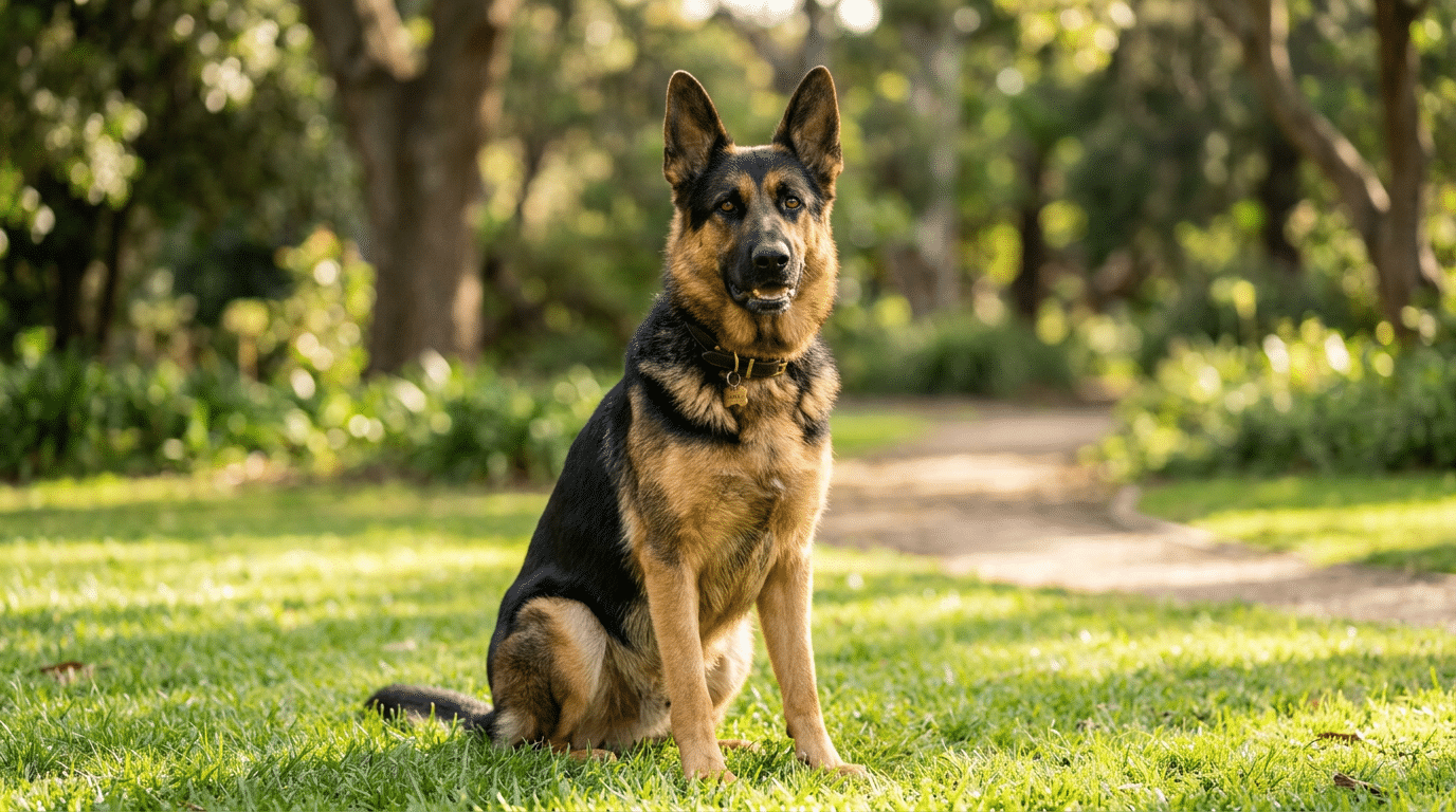 German Shepherd dog with alert expression in outdoor park setting, professional portrait