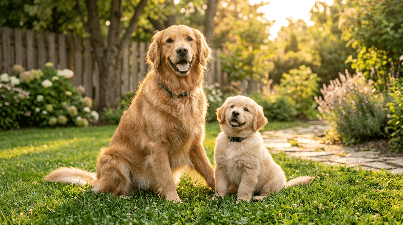 Golden Retriever puppy and adult dog sitting together in a sunny backyard