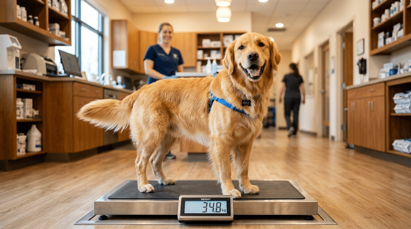 Golden Retriever being weighed at a veterinary clinic to monitor healthy body weight