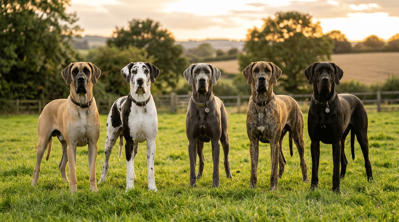 Five Great Danes standing together showing different coat colors including fawn harlequin blue brindle and black