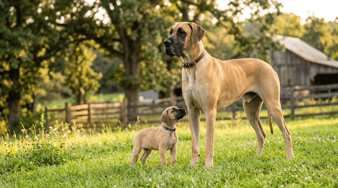 Great Dane puppy and adult together illustrating growth from puppy to full size