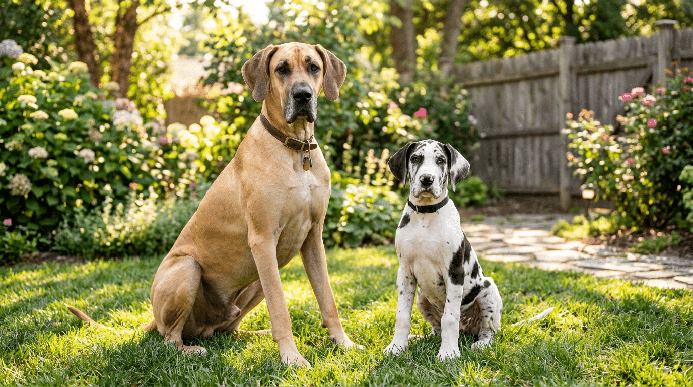 Great Dane puppy with harlequin coat next to an adult fawn Great Dane in a sunny backyard