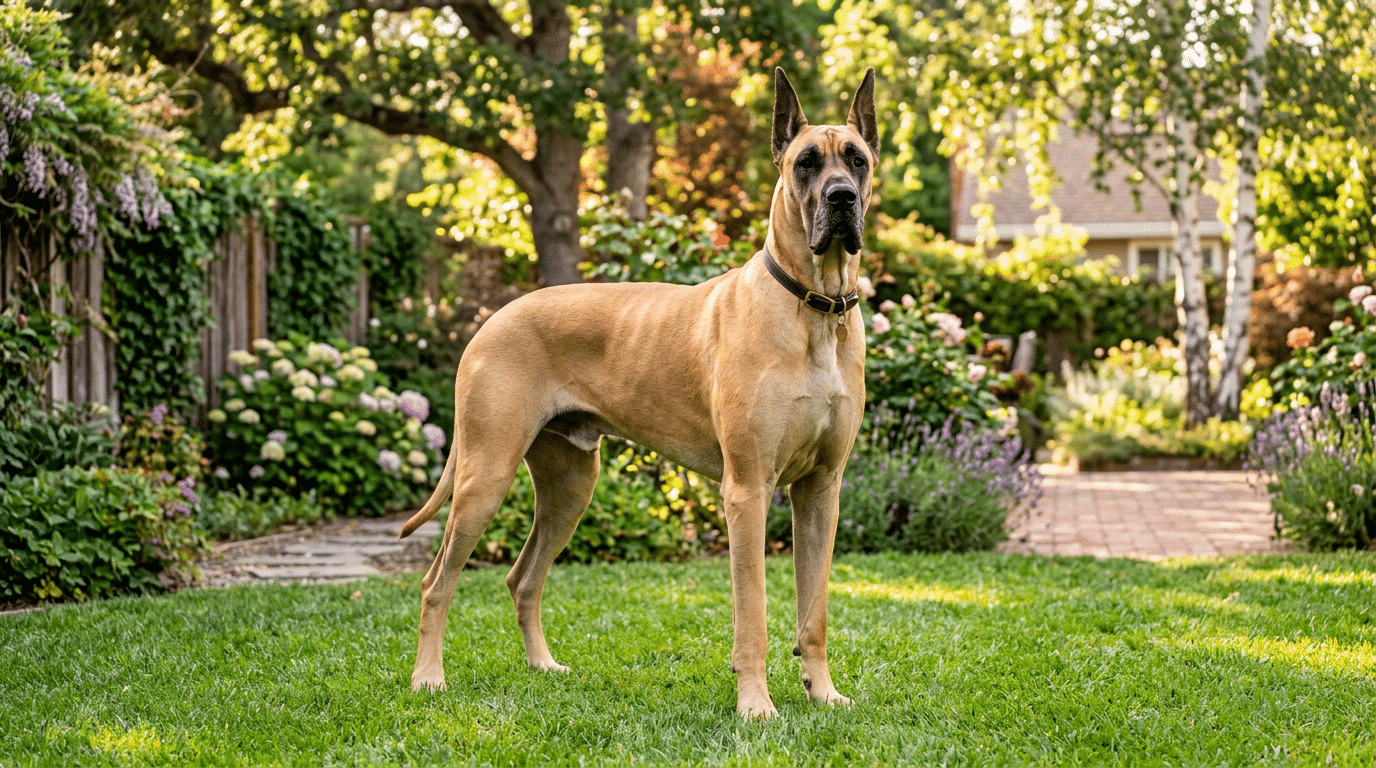 Adult Great Dane standing outdoors showing full size and healthy weight