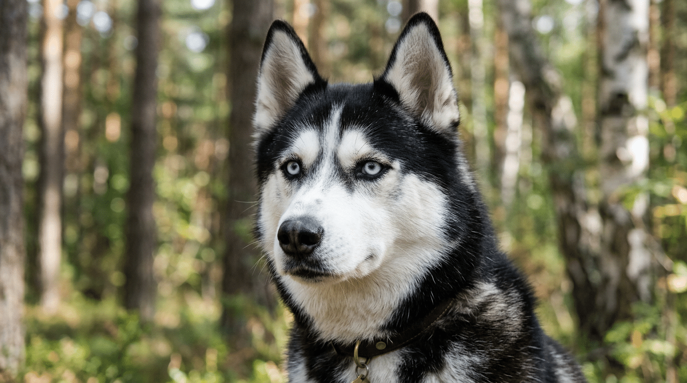 Close-up of a Siberian Husky showing striking blue eyes and beautiful bicolored coat