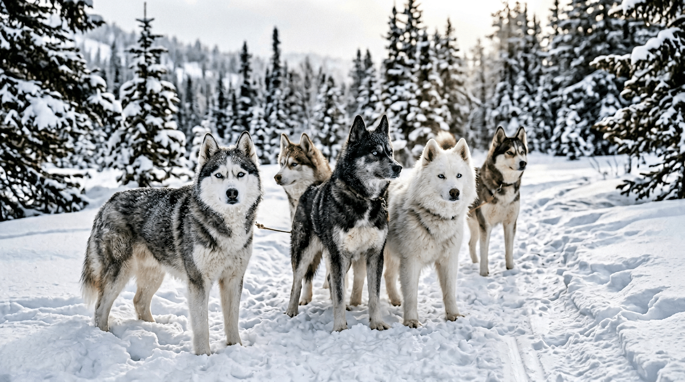 Wolf-like dogs with thick coats standing in snow, similar to Siberian Huskies