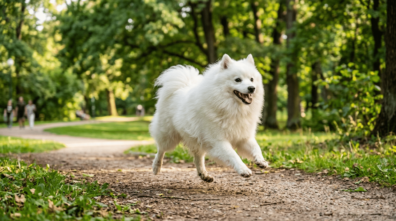 Japanese Spitz dog running in a park with white fluffy coat