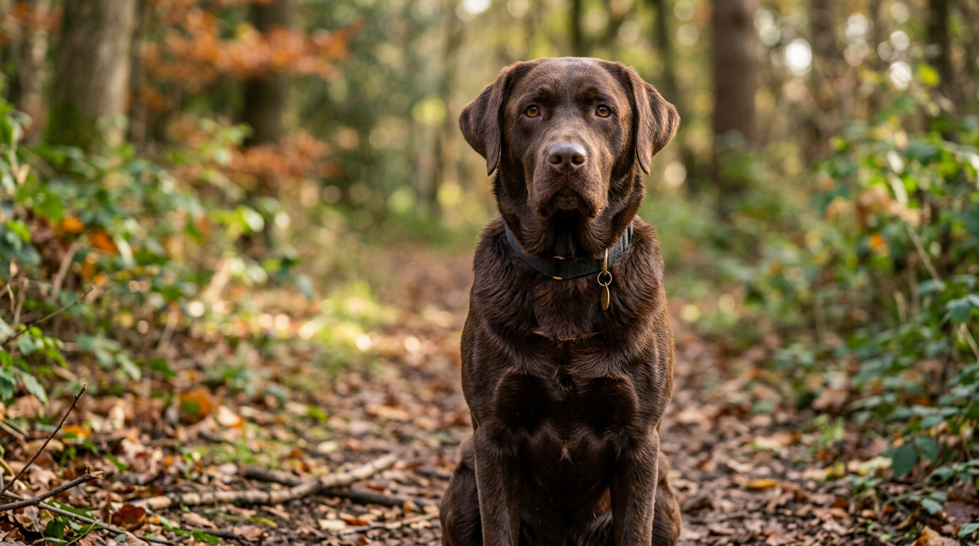 Chocolate Labrador Retriever with rich dark brown coat sitting attentively outdoors