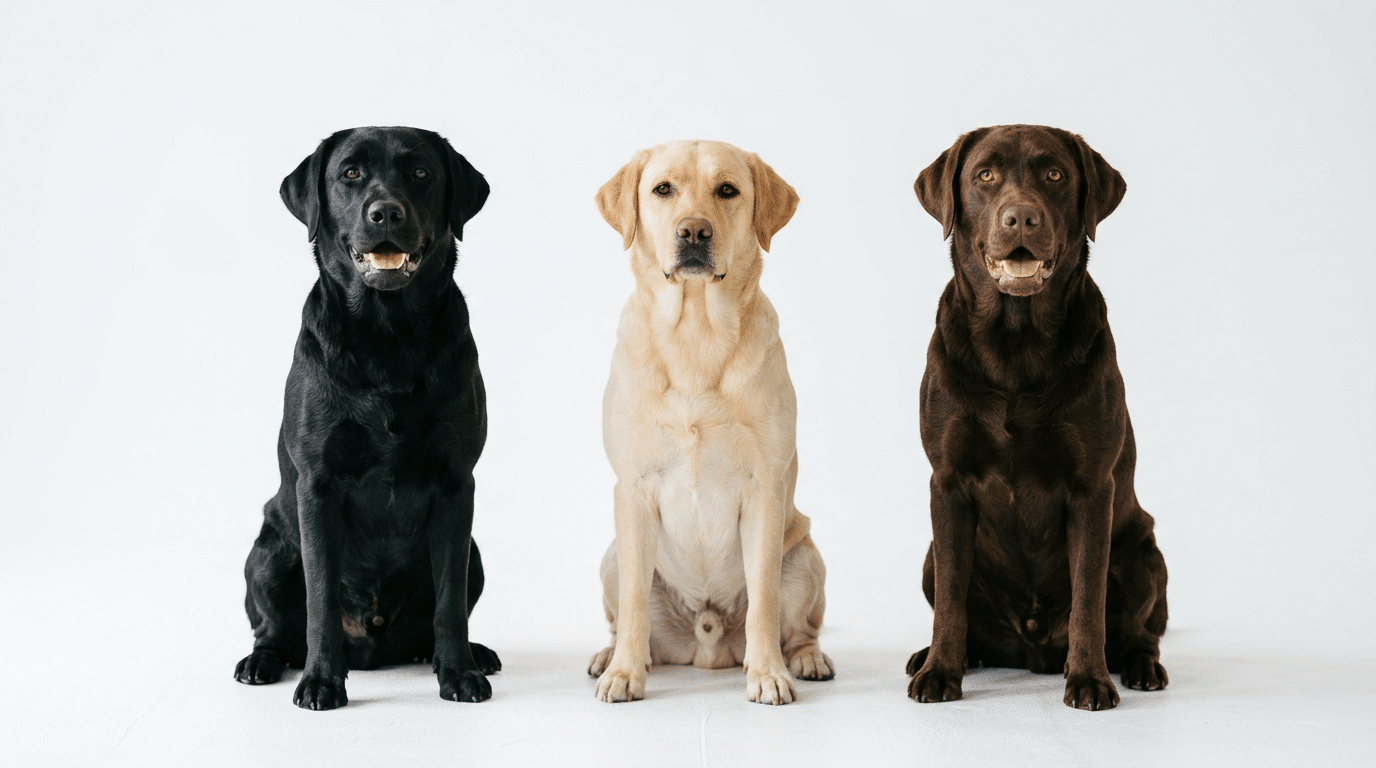 Black, yellow, and chocolate Labrador Retrievers sitting together showing all three AKC recognized coat colors
