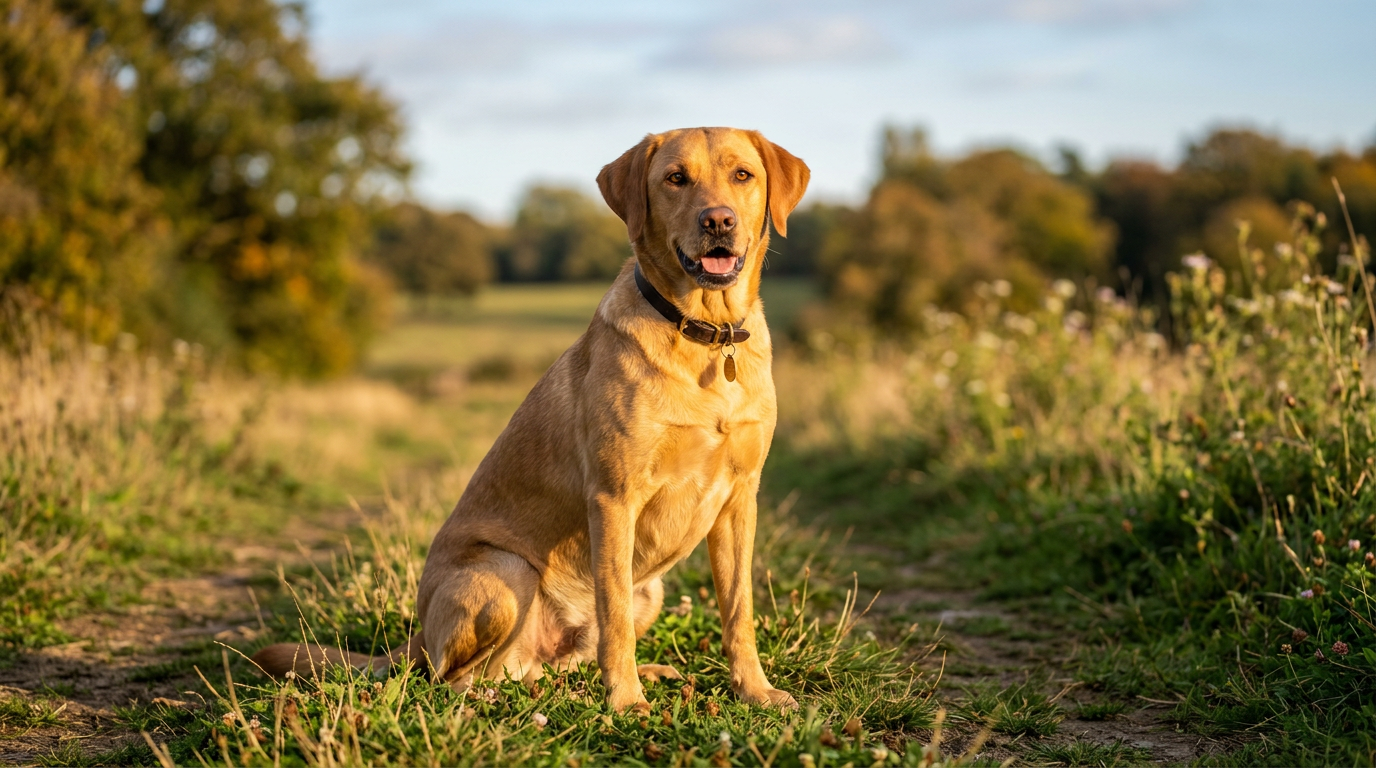 Yellow Labrador Retriever sitting outdoors showing warm golden coat color in natural light