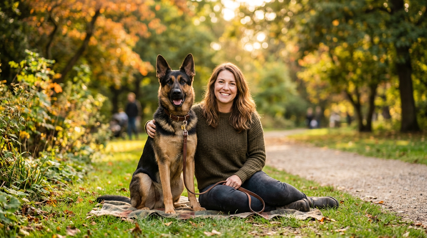 Happy dog owner with a well-trained independent breed dog sitting proudly beside them in a park