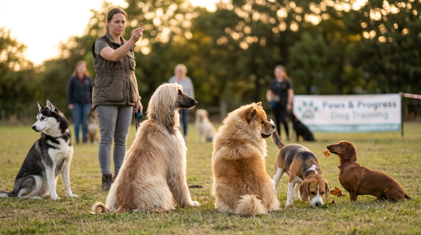 Group of stubborn dog breeds in an outdoor training class each doing their own thing