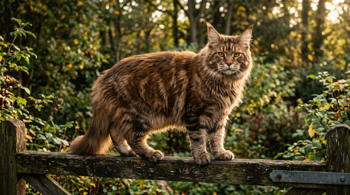 A massive Maine Coon cat with thick tabby fur showing off its muscular build on a wooden fence