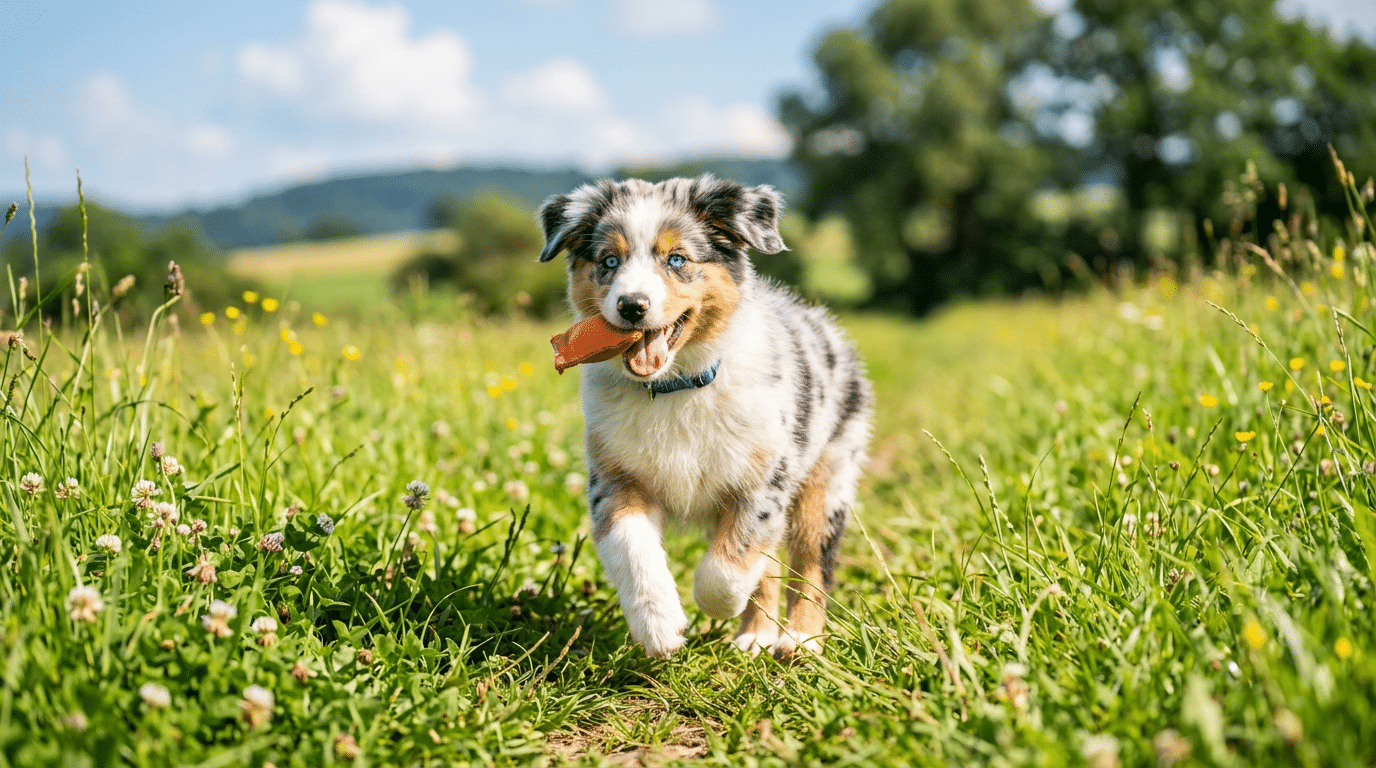 Male Australian Shepherd puppy with blue eyes and merle coat playing in a meadow