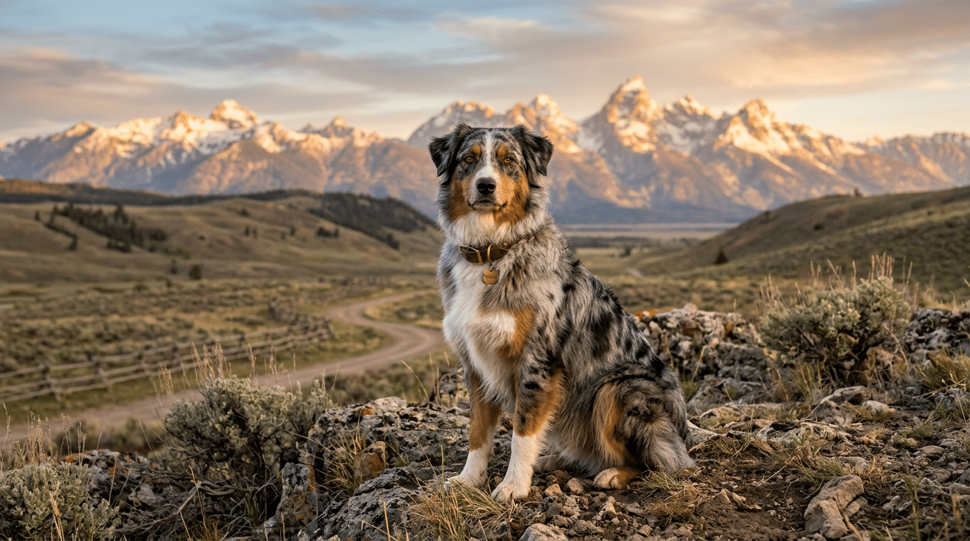 Blue merle male Australian Shepherd sitting on a ranch at golden hour