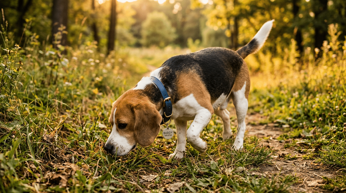 Beagle dog exploring outdoors at golden hour