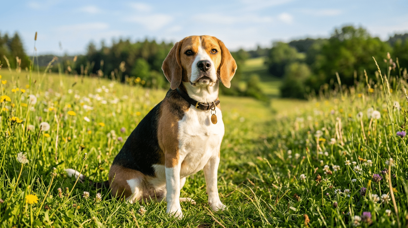 Male Beagle dog sitting in a sunny meadow