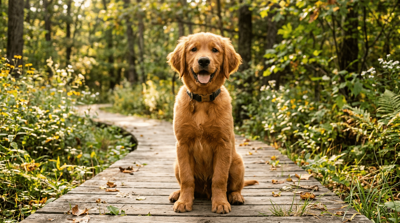 Golden retriever puppy sitting outdoors in sunlight, perfect for naming inspiration